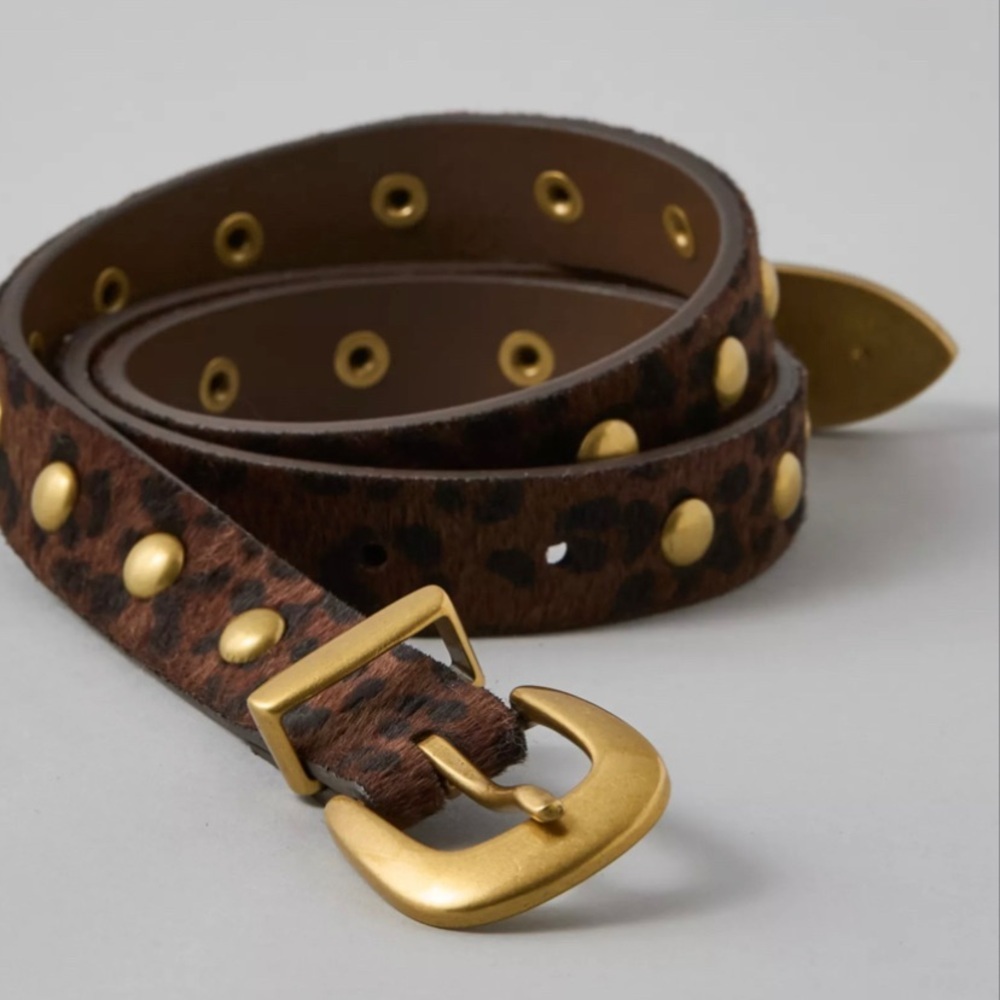 American Eagle Outfitters Brown Leopard Print Studded Belt with Gold Buckle XS